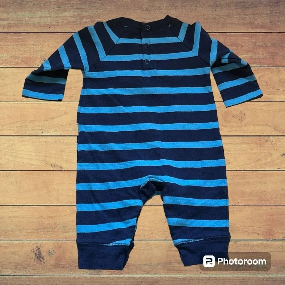 Just One You Boys Blue Striped With Dinosaur One Piece   Sz 3m   EUC